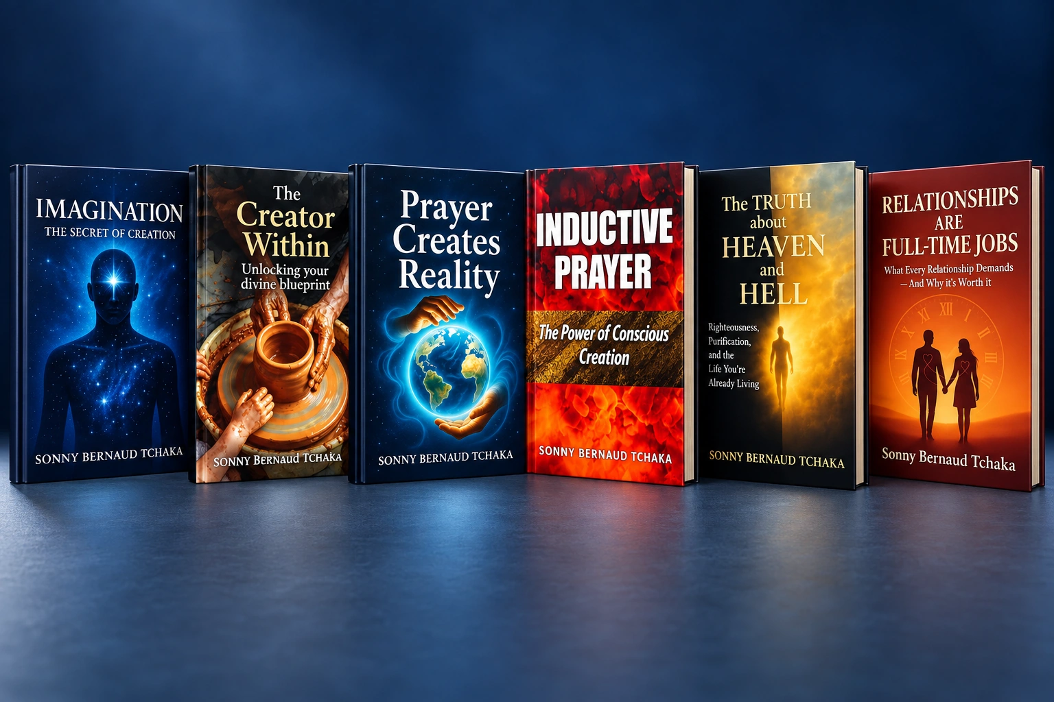 Six of Sonny Bernaud Tchaka’s books arranged together in a studio display.